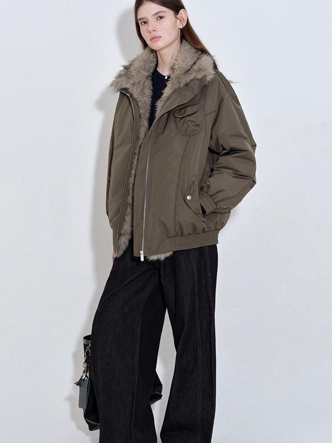 fano High Fill White Duck Down Warm Straight Fur Collar Women Army Green Down Jackets