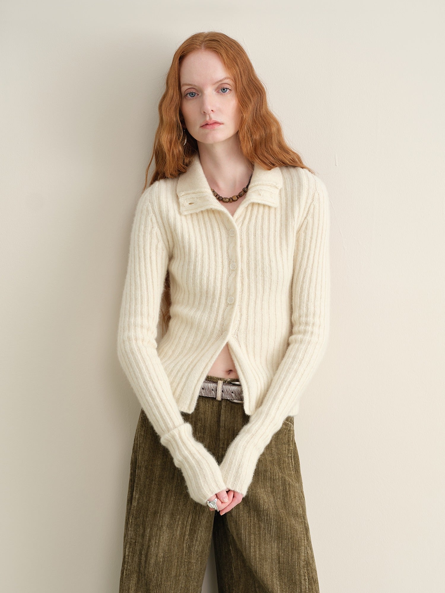 someonesometimes Soft Wool Cotton Blend Slim Fit Side Slit Cropped Button Crewneck Womens Cardigans