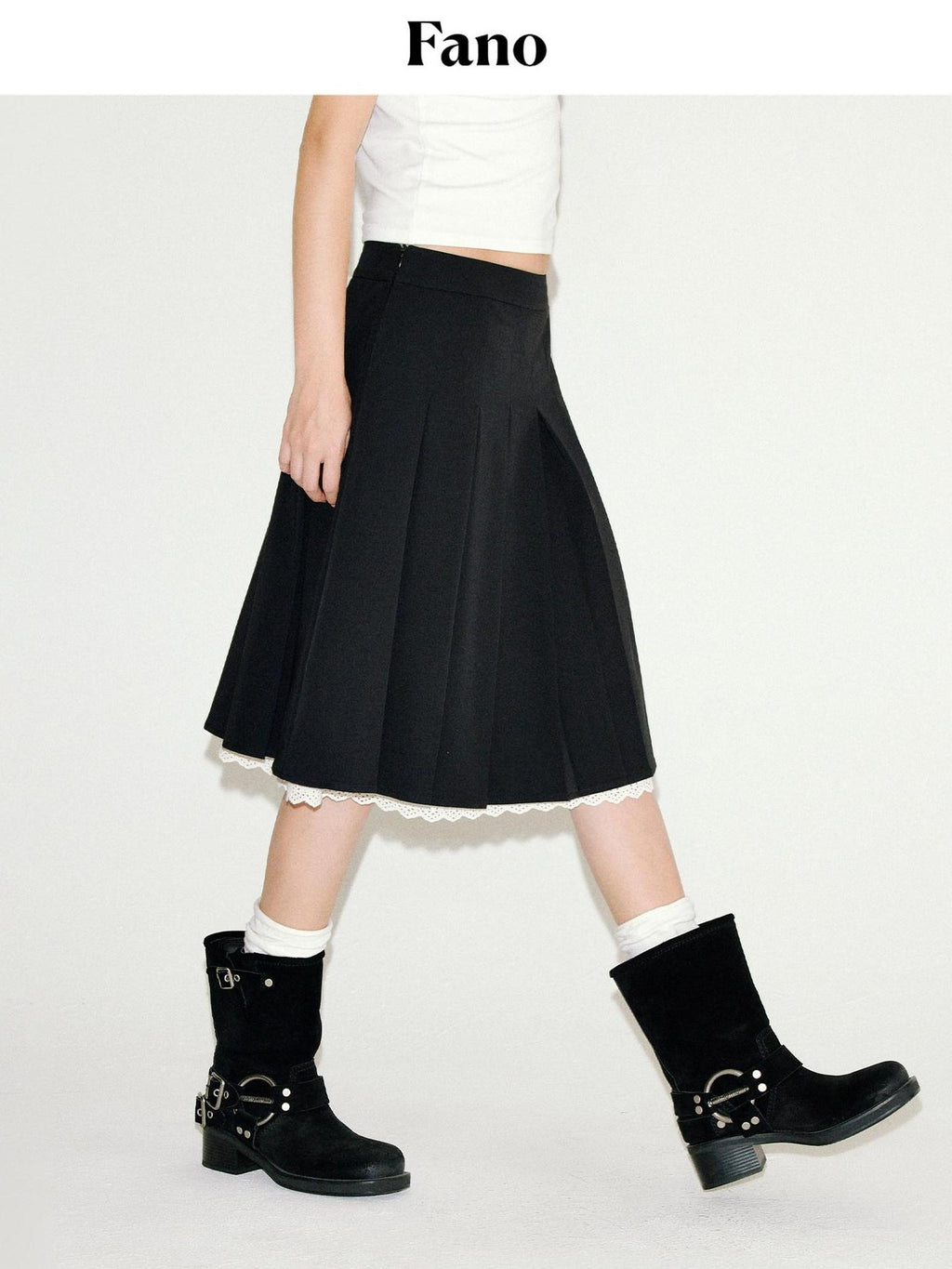 fano Sweet Lace Pleated Mid Waist Paneled Casual Women Black Midi Skirts