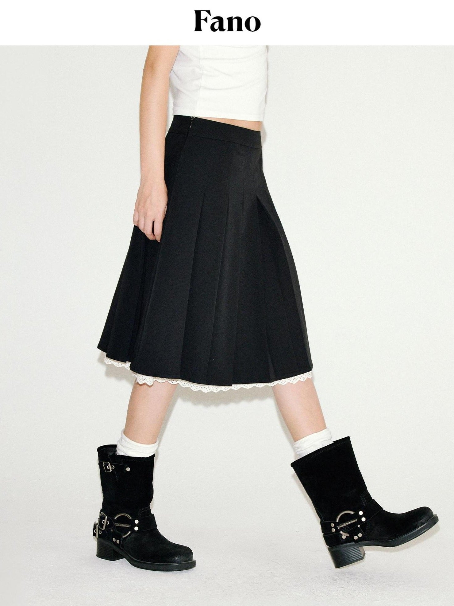 fano Sweet Lace Pleated Mid Waist Paneled Casual Women Black Midi Skirts