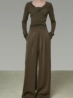 unspoken High Waist Breathable Tailored Loose Solid Brown Green Women Wide Leg Pants