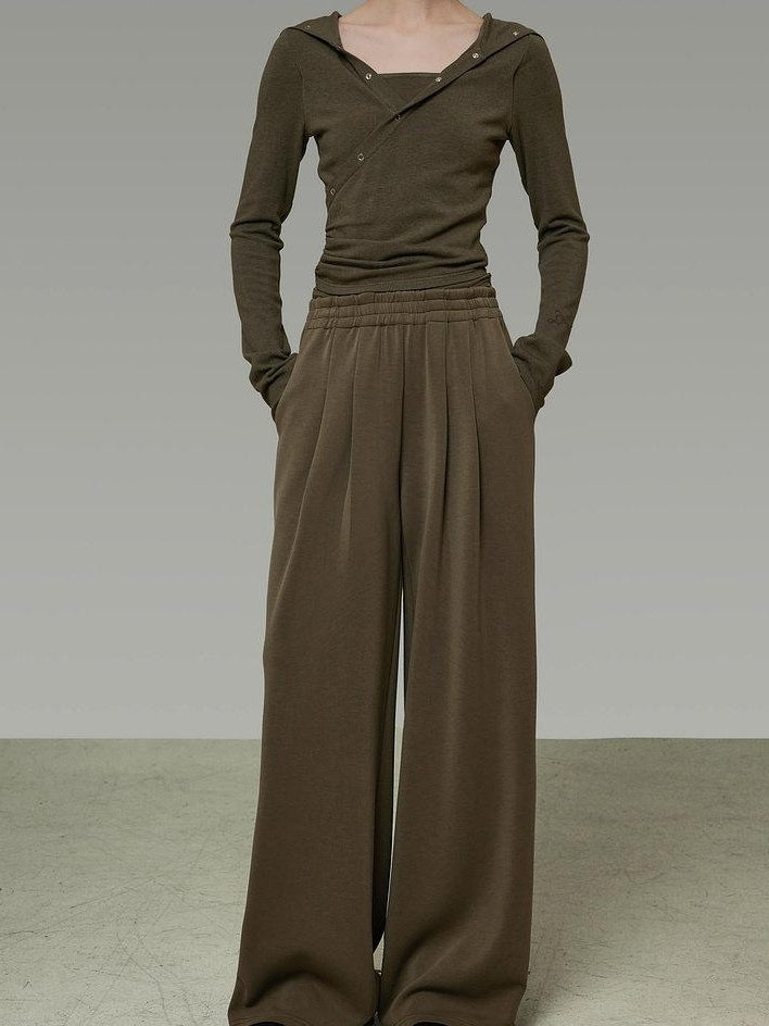 unspoken High Waist Breathable Tailored Loose Solid Brown Green Women Wide Leg Pants