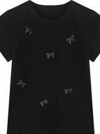 fano Soft Cotton Spandex Korean Patchwork Slim Womens Bow Neck Short Sleeve T-Shirts