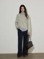 Lofi choose Wool Blend Loose Fit Rolled Hem Commuter Crew Neck Women Light Grey Sweaters