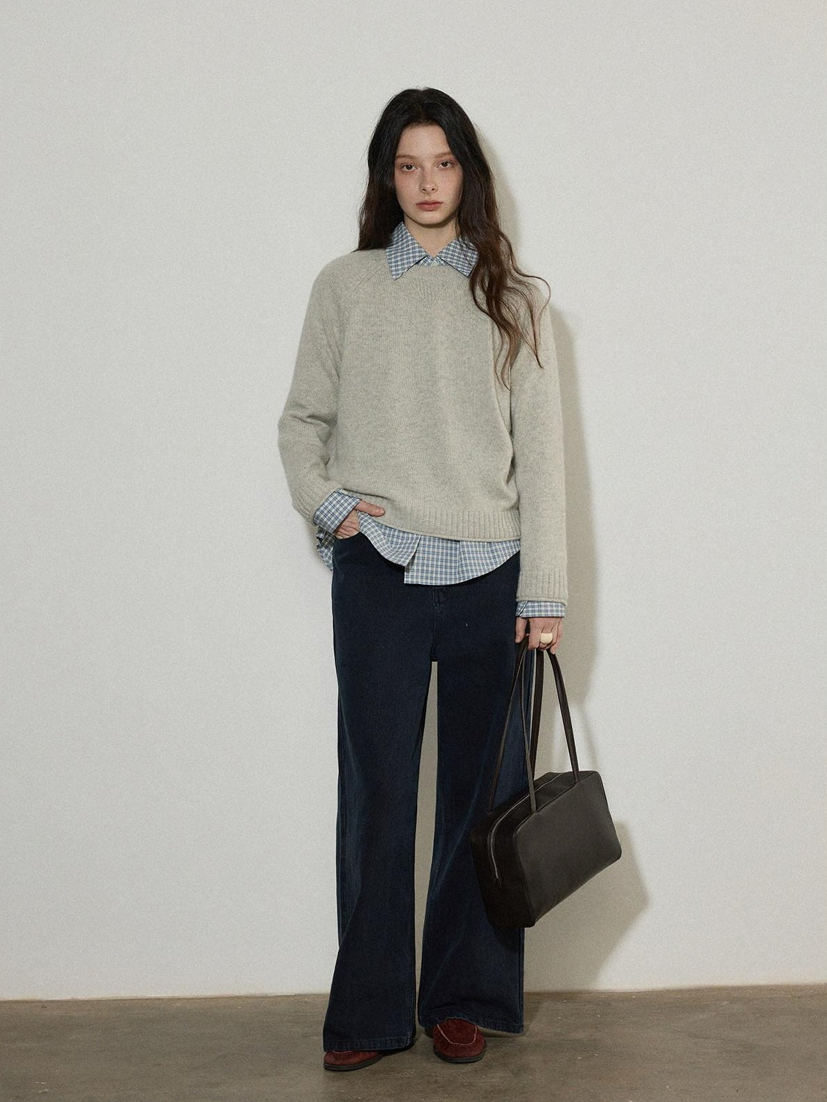 Lofi choose Wool Blend Loose Fit Rolled Hem Commuter Crew Neck Women Light Grey Sweaters