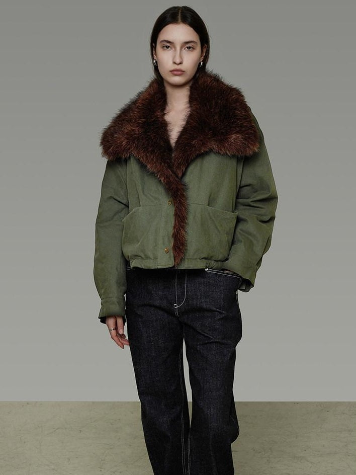 unspoken Fur Collar Short Single Breasted Office Olive Green Long Sleeve Cropped Jackets
