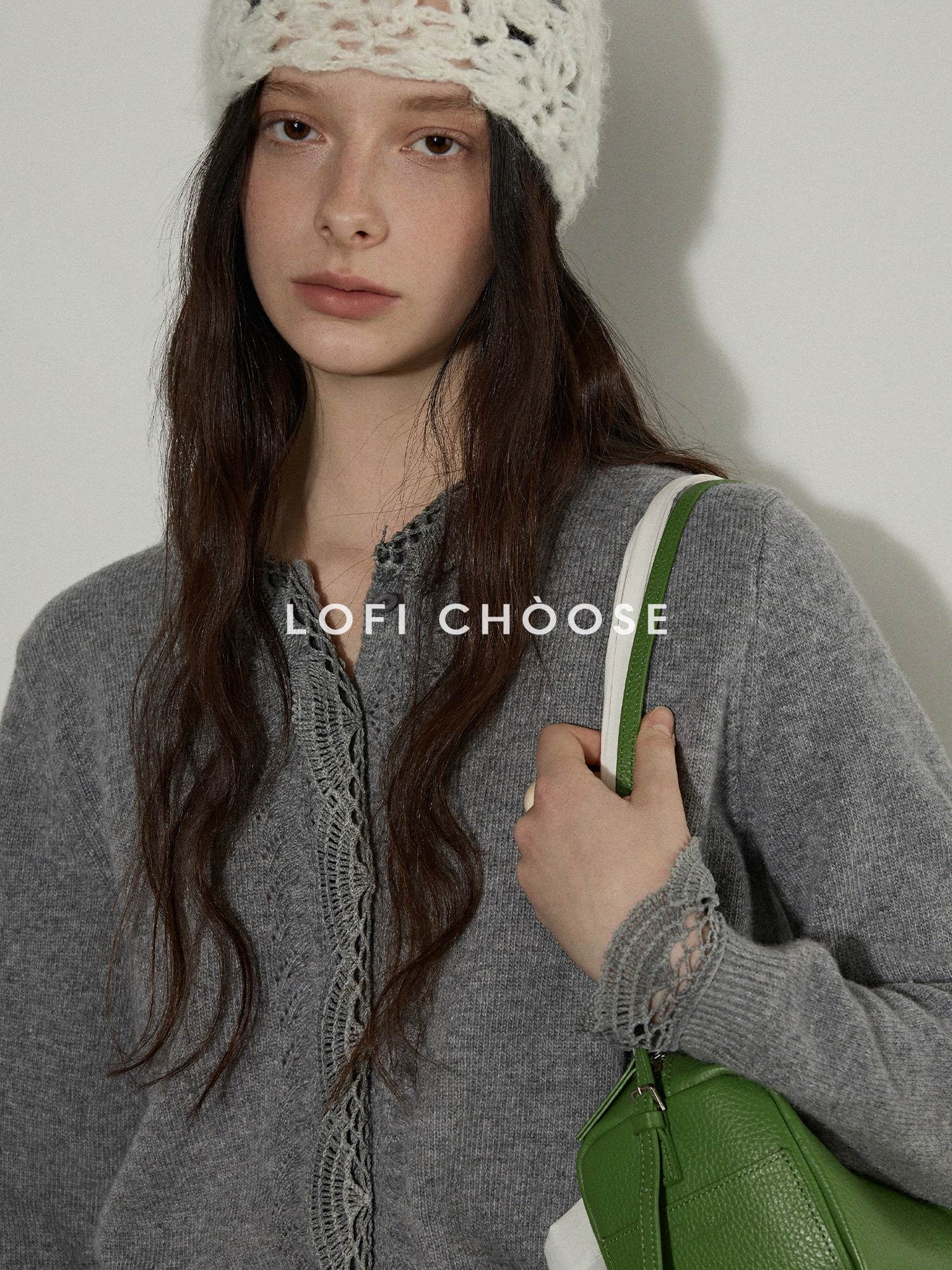 Lofi choose Soft Wool Blend Lace Trim Loose Fit Office Women Button Light Gray Cardigans