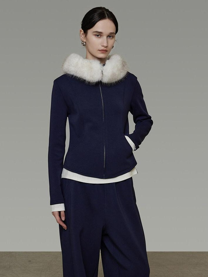 unspoken Warm Slim Fit Zip Hooded Cardigan High Waist Commuter Polyester Navy Lounge Sets