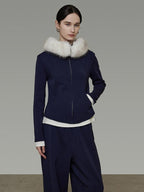 unspoken Warm Slim Fit Zip Hooded Cardigan High Waist Commuter Polyester Navy Lounge Sets