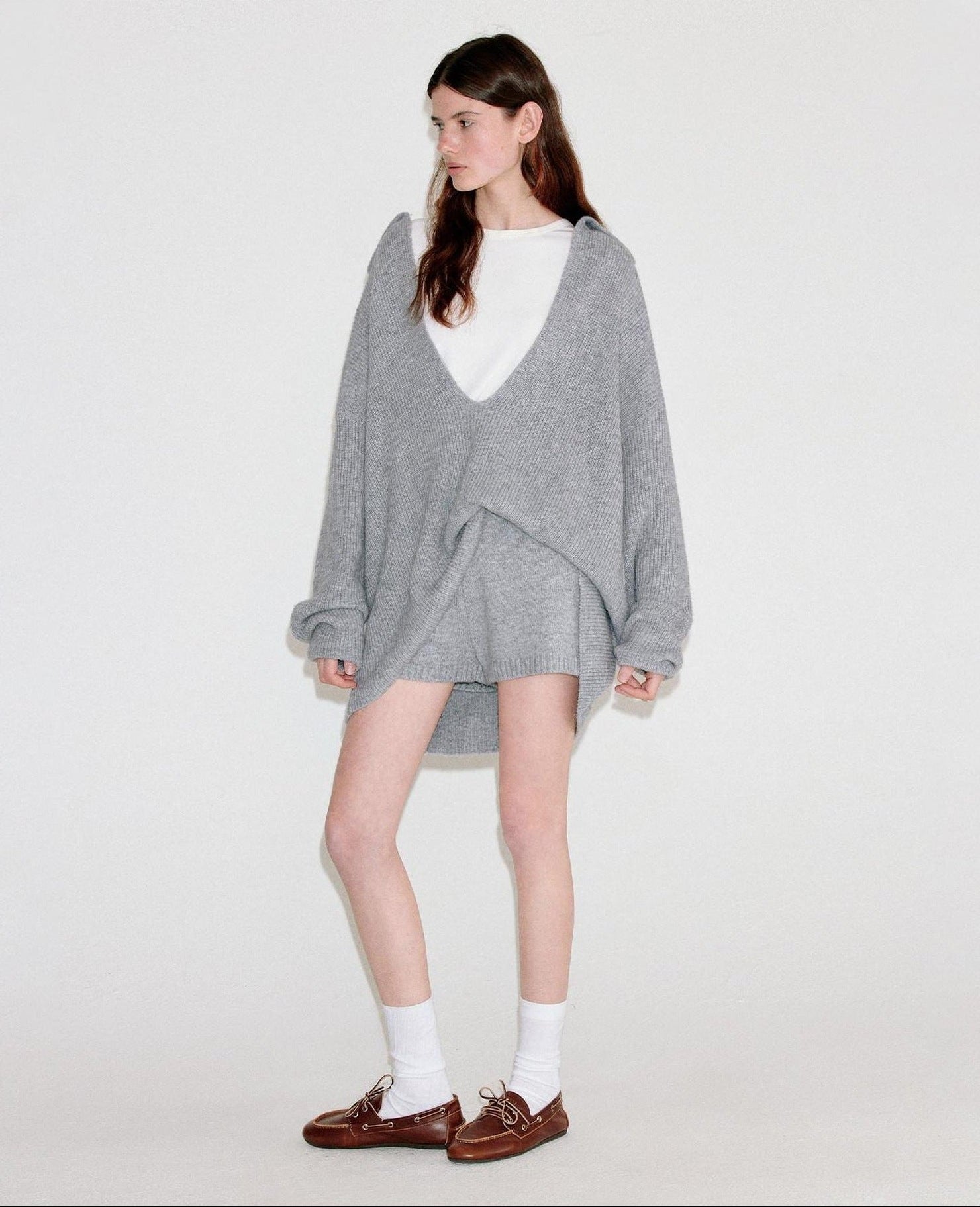 fano Light Heather Gray V-neck Knit Loose Casual Women Top & Shorts Sets