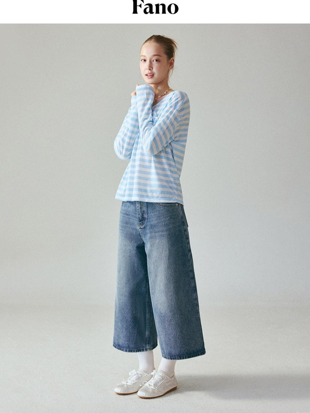 fano Natural Waist Loose Fit Ankle Crop Denim Casual Blue Youth Straight Leg Jeans