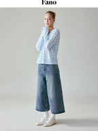 fano Natural Waist Loose Fit Ankle Crop Denim Casual Blue Youth Straight Leg Jeans