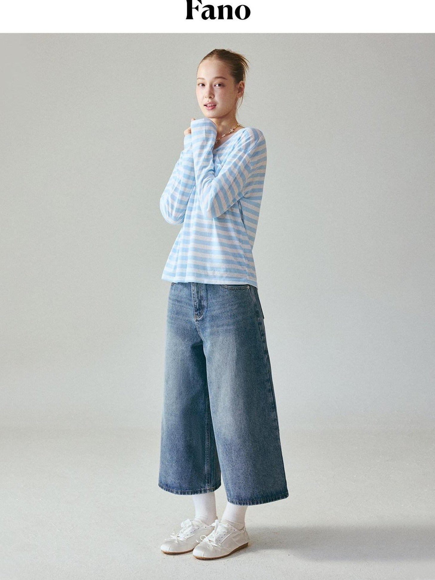 fano Natural Waist Loose Fit Ankle Crop Denim Casual Blue Youth Straight Leg Jeans