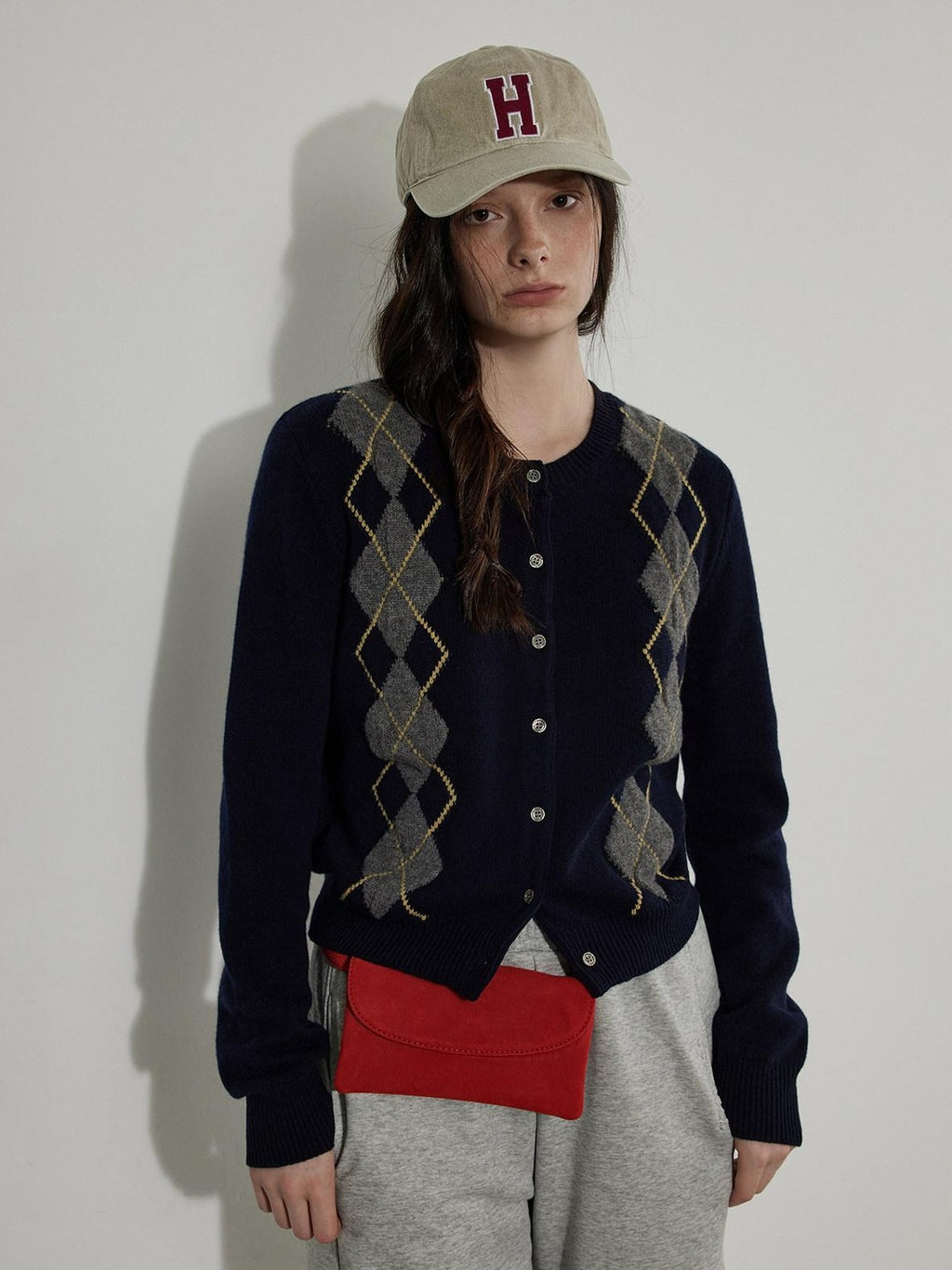 Lofi choose Soft Midweight British Argyle Contrast Button Women Knitwear Cardigans