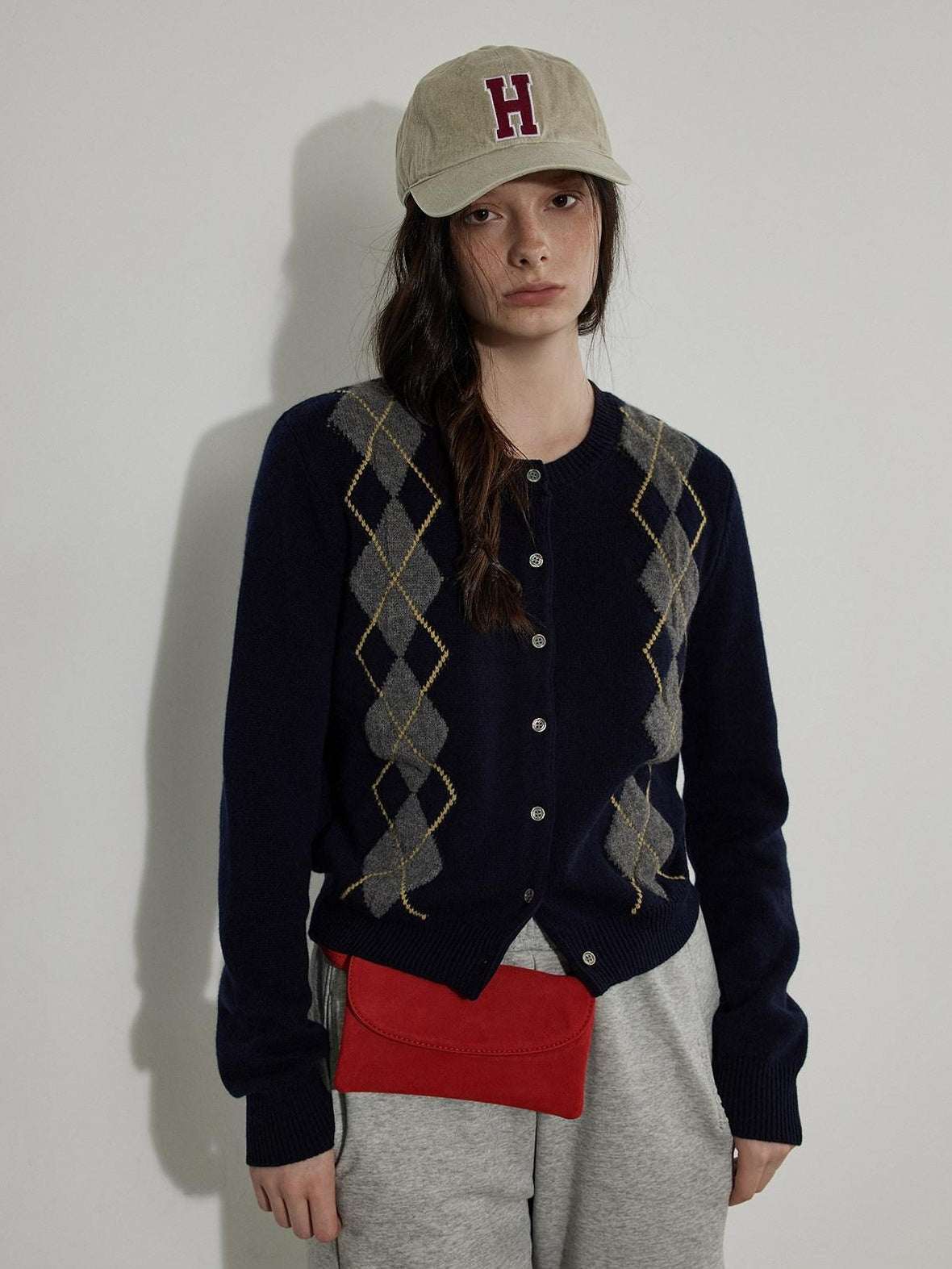 Lofi choose Soft Midweight British Argyle Contrast Button Women Knitwear Cardigans