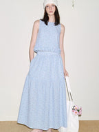 fano Lined 100% Cotton A Line Mid Waist Loose Fit Women Floral Blue Check Maxi Skirts