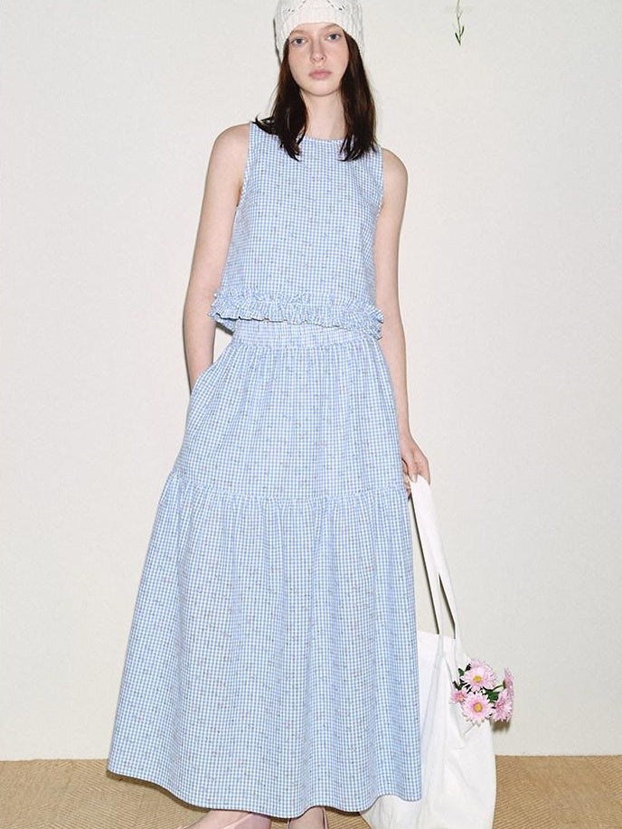 fano Lined 100% Cotton A Line Mid Waist Loose Fit Women Floral Blue Check Maxi Skirts