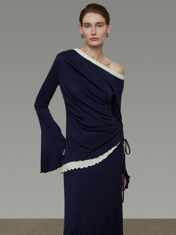 unspoken Navy Tencel Slim Fit Knit Round Neck High Waist Casual Women Top & Skirt Sets