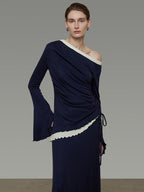 unspoken Navy Tencel Slim Fit Knit Round Neck High Waist Casual Women Top & Skirt Sets