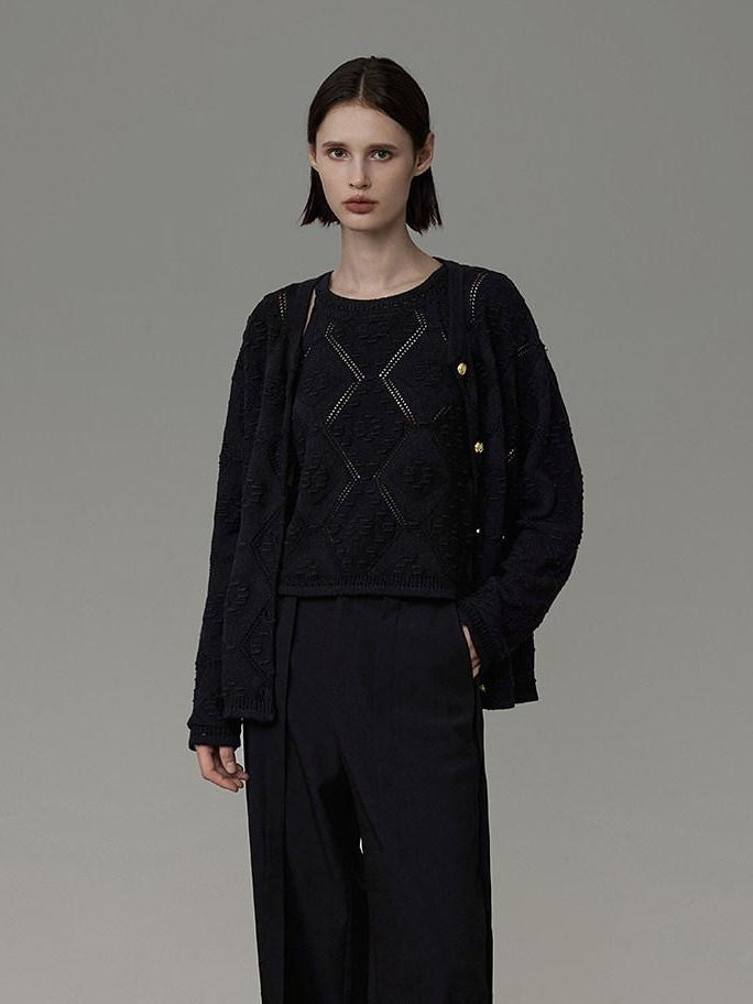 unspoken Soft Fine Knit Two Piece Minimalist Women Black Layered Knitwear Cardigans