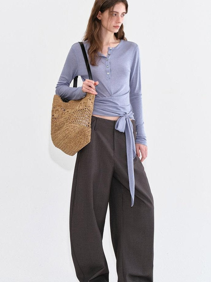 fano Poly Rayon Blend Mid High Waist Minimal Commuter Pine Gray Wide Leg Pants