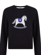 fano Cozy Acrylic Wool Blend Loose Pullover Crewneck Cute Animal Black Sweaters