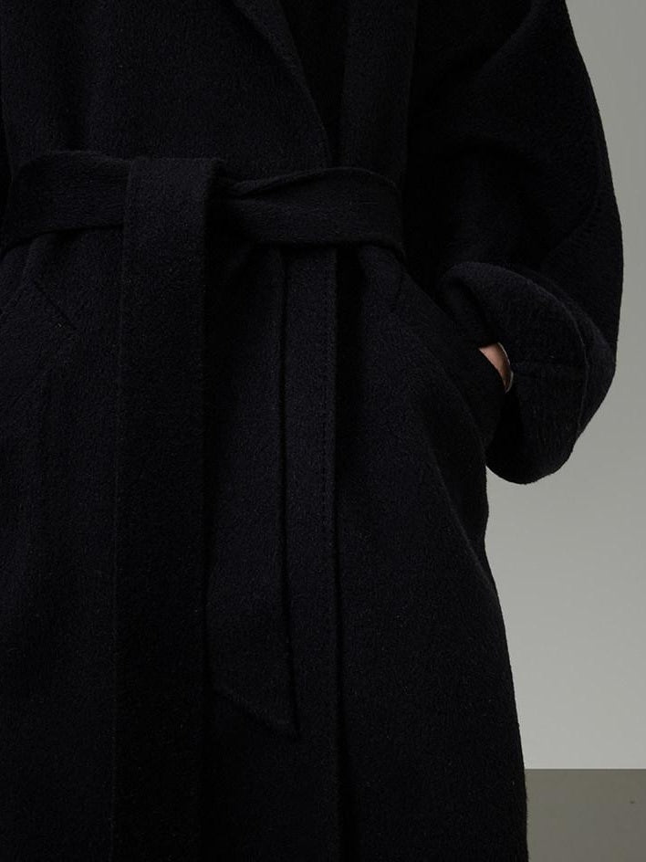 unspoken 100 Percent Wool Minimal Straight Long Tie Office Women Black Wool Coats