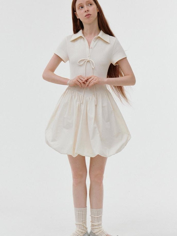 fano Stretch Short Sleeve Polo Cocoon Bubble Skirt Natural Waist Beige Midi Dresses
