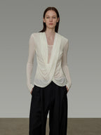 unspoken Lyocell Asymmetric Slim Fit Distressed V-neck Pullover Women Cream Blouses