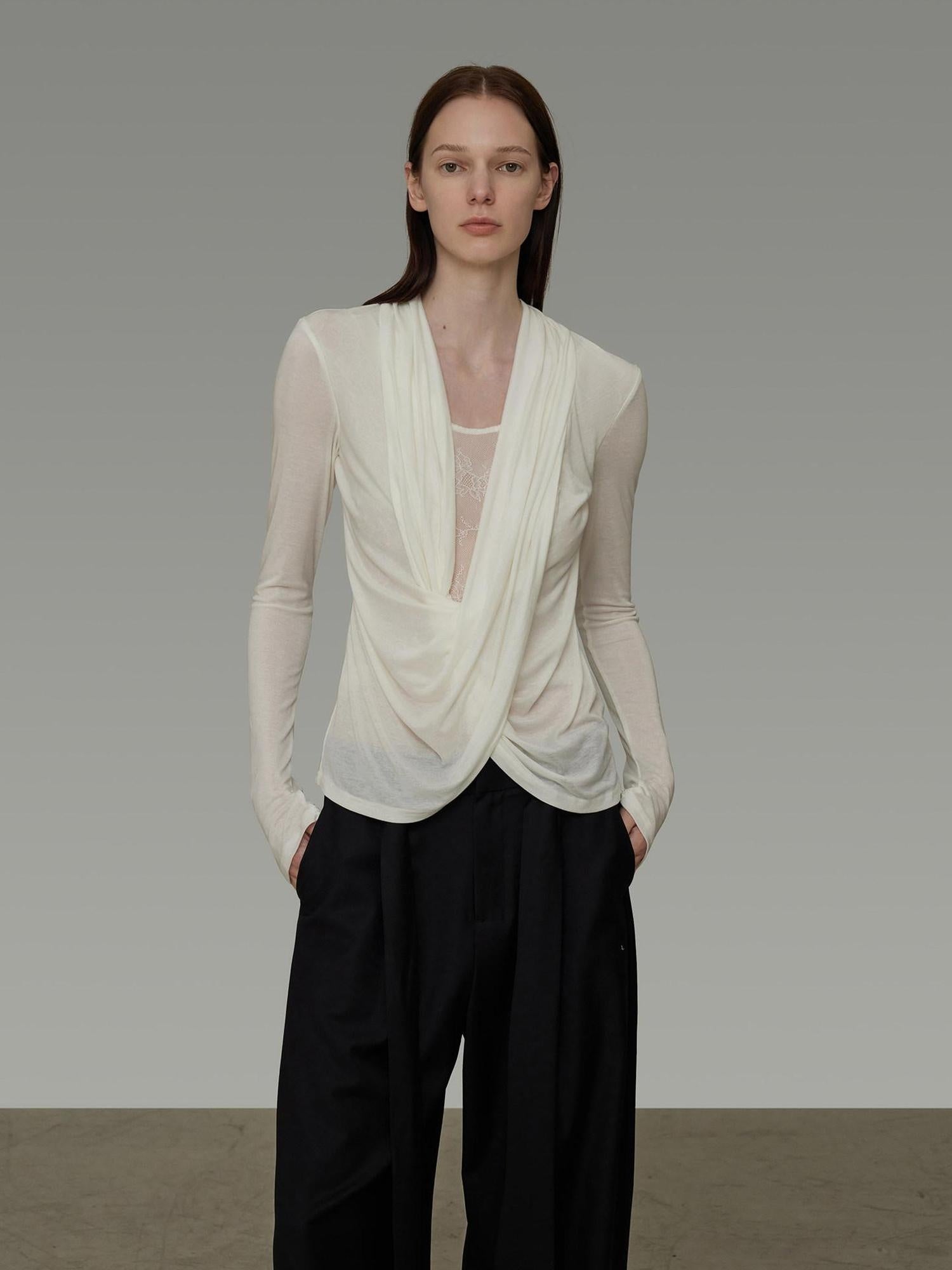 unspoken Lyocell Asymmetric Slim Fit Distressed V-neck Pullover Women Cream Blouses