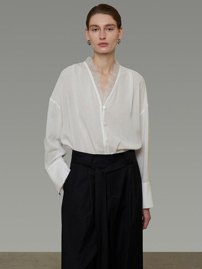 unspoken Breathable Lace V-neck Loose Fit Office Women Button Long Sleeve Blouses
