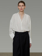 unspoken Breathable Lace V-neck Loose Fit Office Women Button Long Sleeve Blouses
