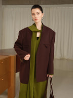 audreyyang Original Loose Fit Herringbone Wool Collarless Open Front Casual Women Blazers