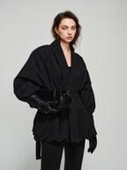 audreyyang Tie Front Vintage Oversized Batwing Sleeve Women Polyester Cropped Jackets