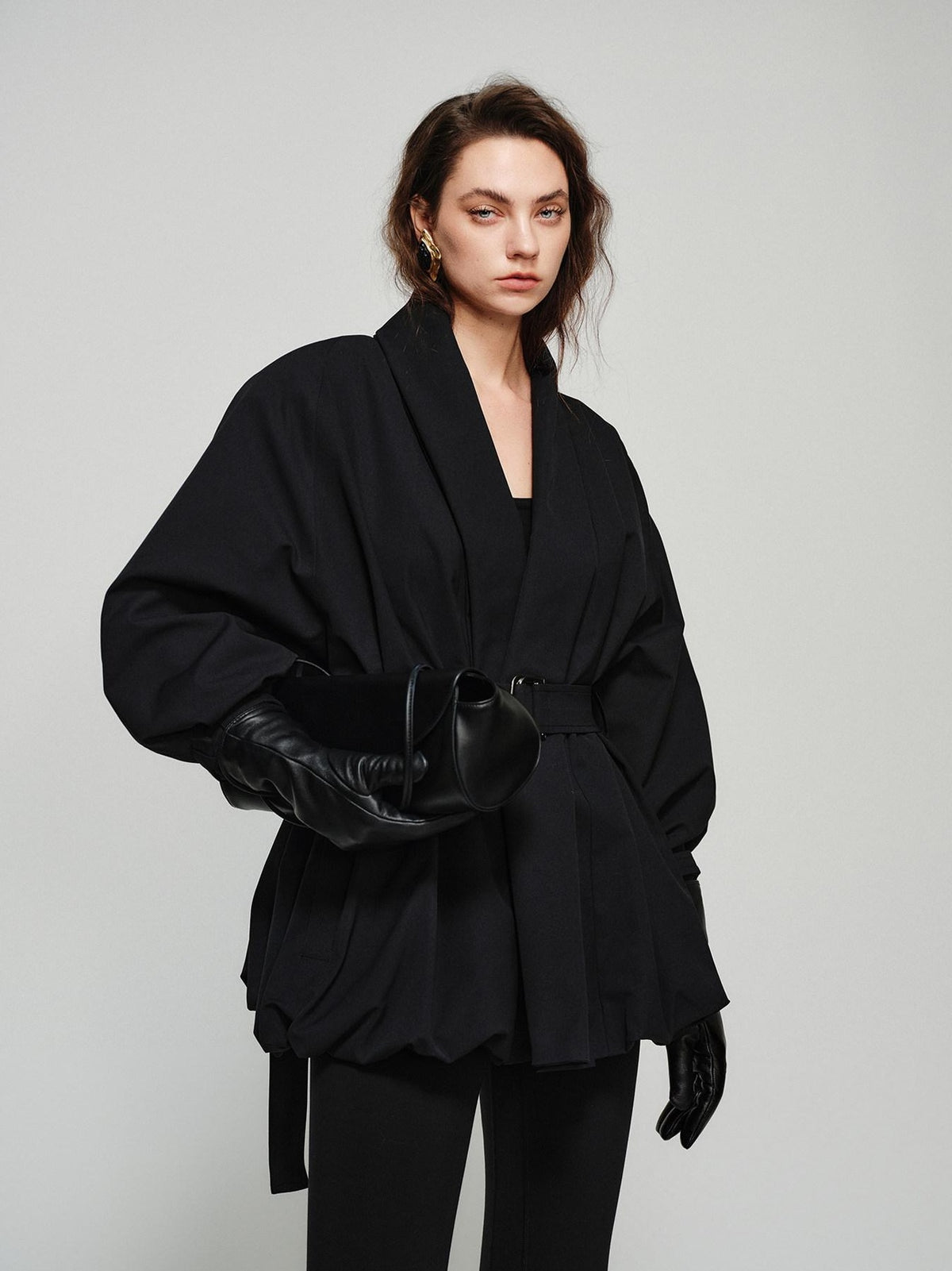 audreyyang Tie Front Vintage Oversized Batwing Sleeve Women Polyester Cropped Jackets
