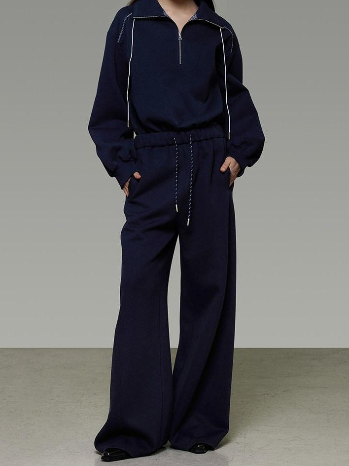 unspoken Breathable Soft Cotton Minimal Mid Rise Drawstring Navy Women Wide Leg Pants
