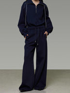 unspoken Breathable Soft Cotton Minimal Mid Rise Drawstring Navy Women Wide Leg Pants