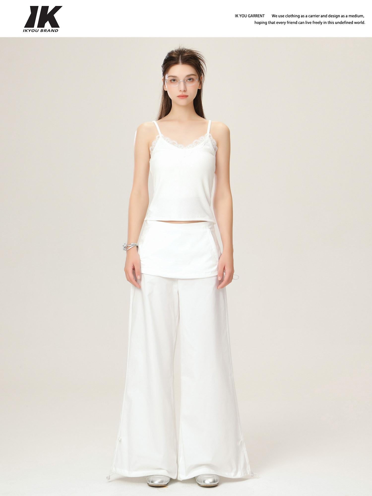ikyou Lace Trim Slim Fit Spaghetti Strap Office Daily Stretch White Camisoles