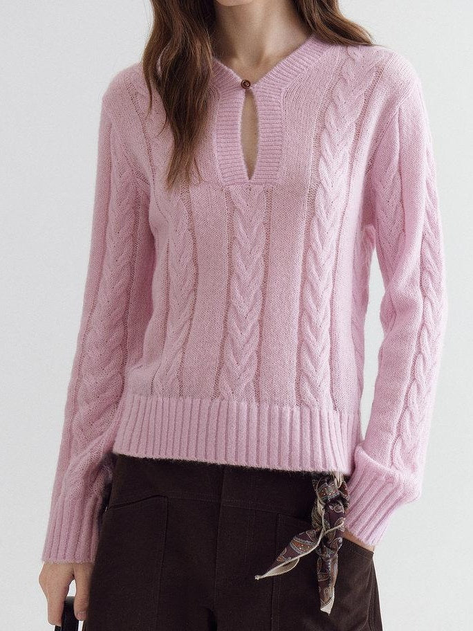fano Warm V-neck Button Detail Minimal Commuter Fit Pink Women Acrylic Blend Sweaters