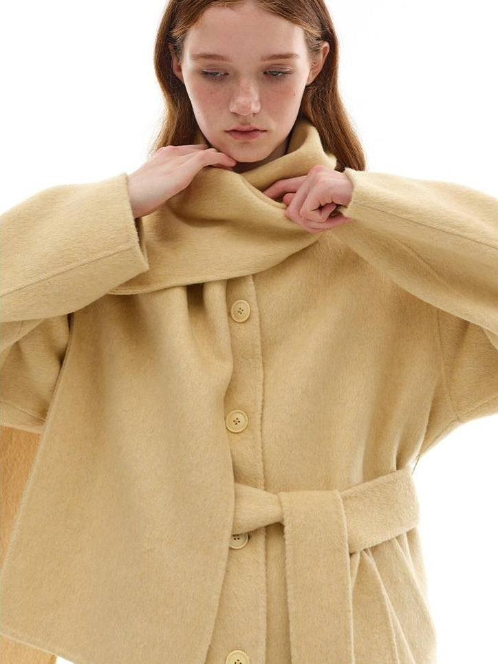 someone sometimes Minimalist Belted Roundneck Single Breasted 50 Percent Wool Yellow Wool Coats
