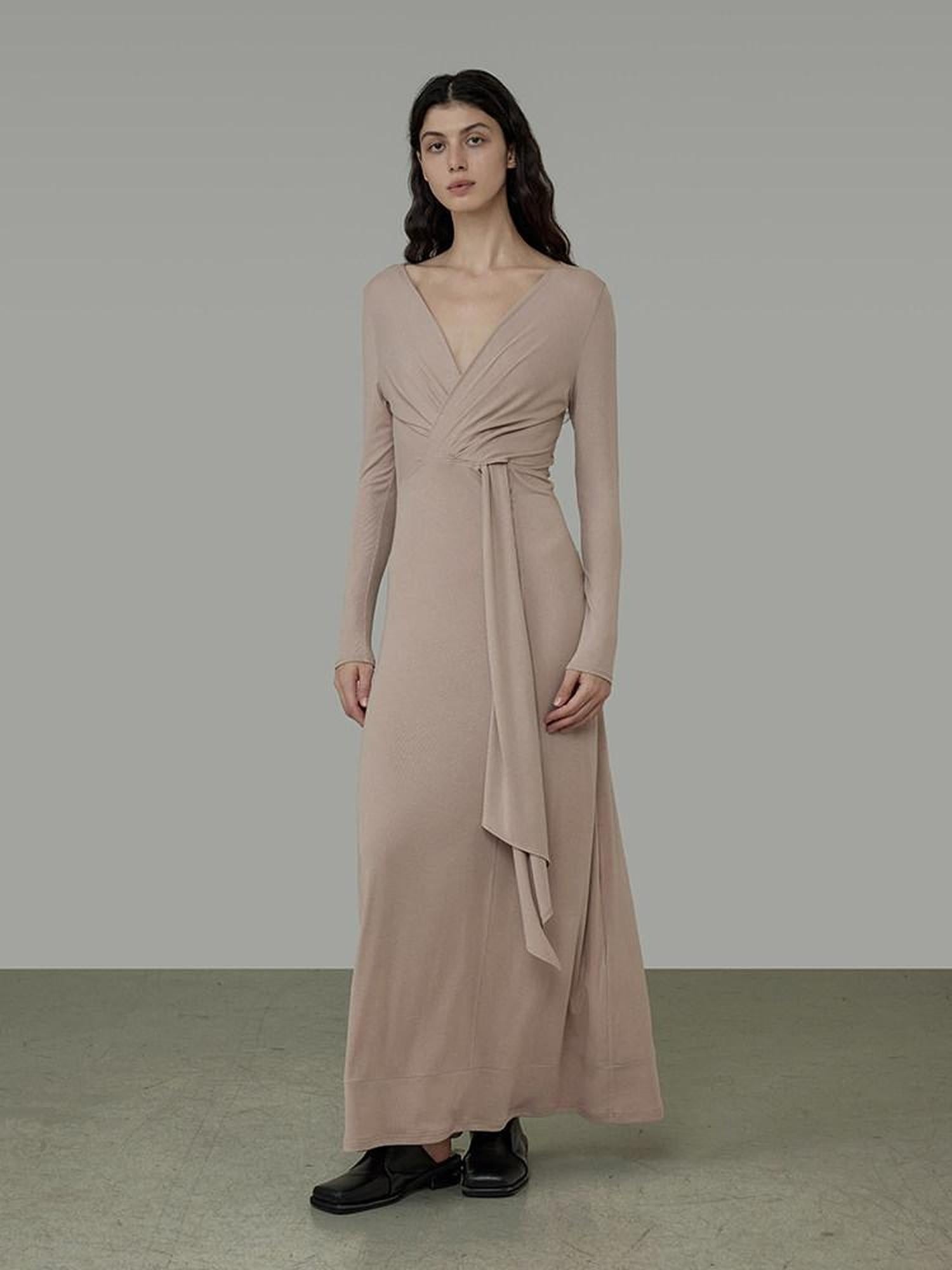 unspoken Lyocell V-neck High Waist Zip Longsleeve Pink Slim Knit Maxi Dresses