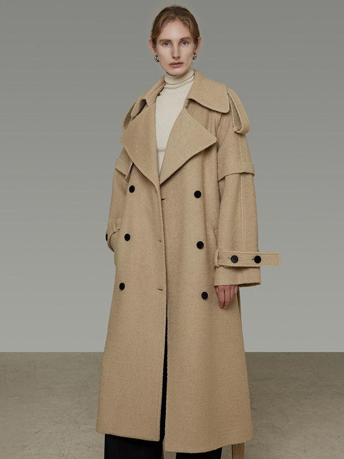 unspoken Elegant Minimal Workwear Oversized Double Breasted Lapel Khaki Wool Coats