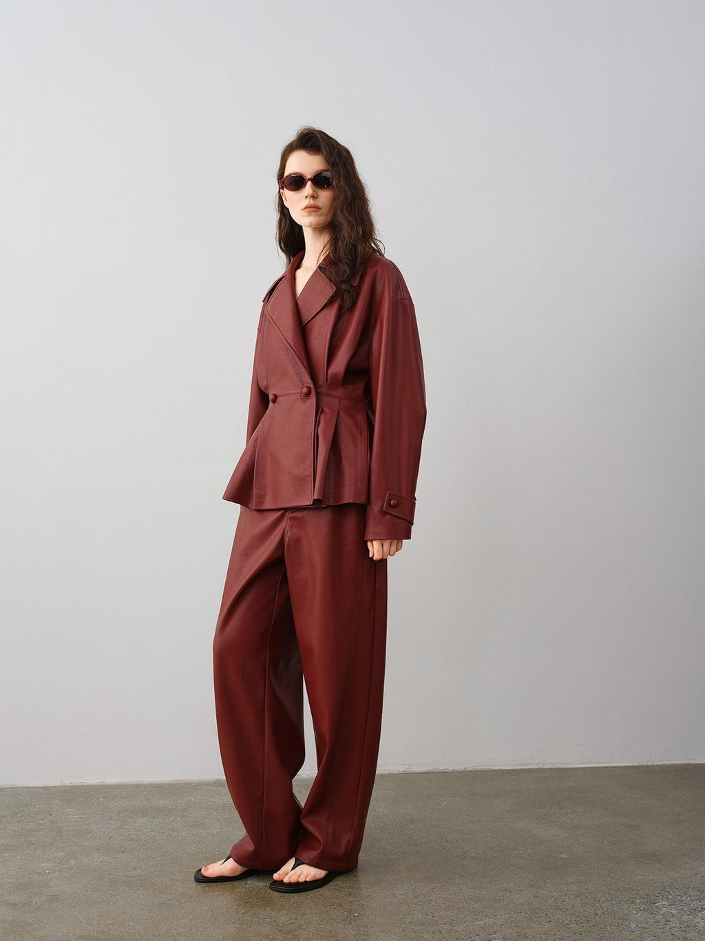 audreyyang 100 Percent Polyester Loose Fit Burgundy Women Wide Leg Pants