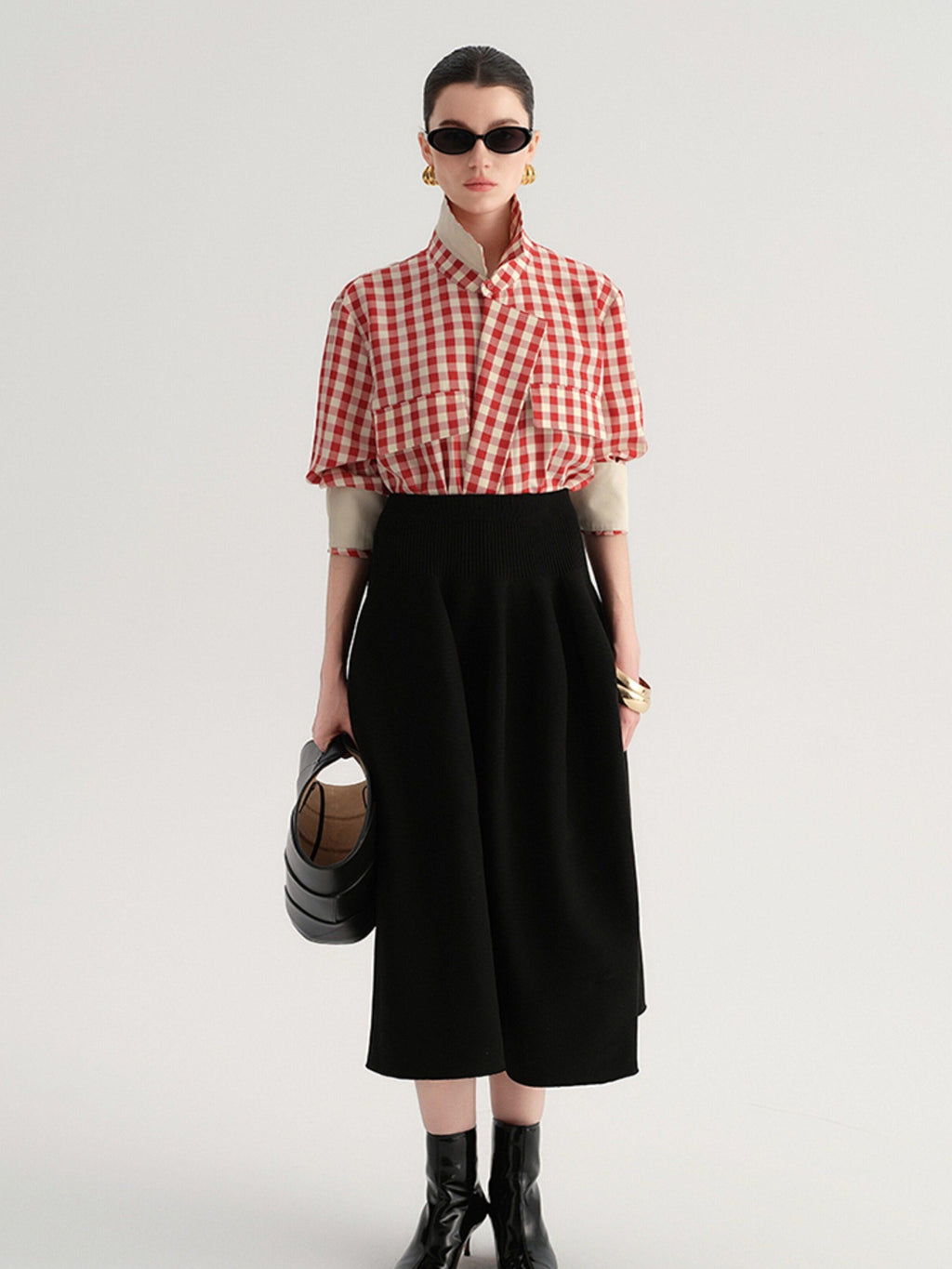 audreyyang Flattering High Waist A Line Solid Black Nylon Office Casual Women Maxi Skirts