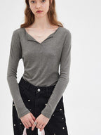 fano Soft V-neck Slim Fit Commuter Top For Women Solid Color Long Sleeve T-Shirts