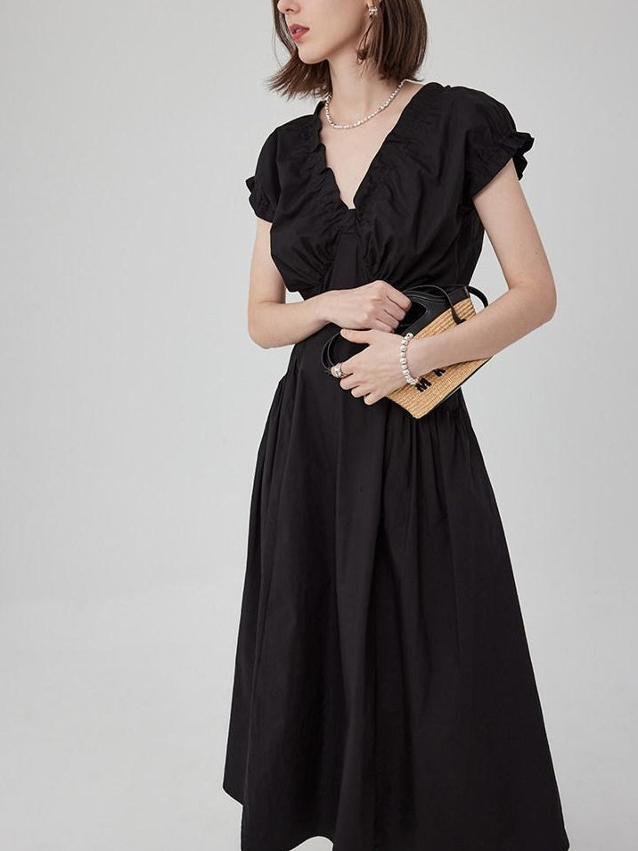 fano Pleated High Waist A Line V-neck Flutter Sleeves 100% Cotton Casual Maxi Dresses