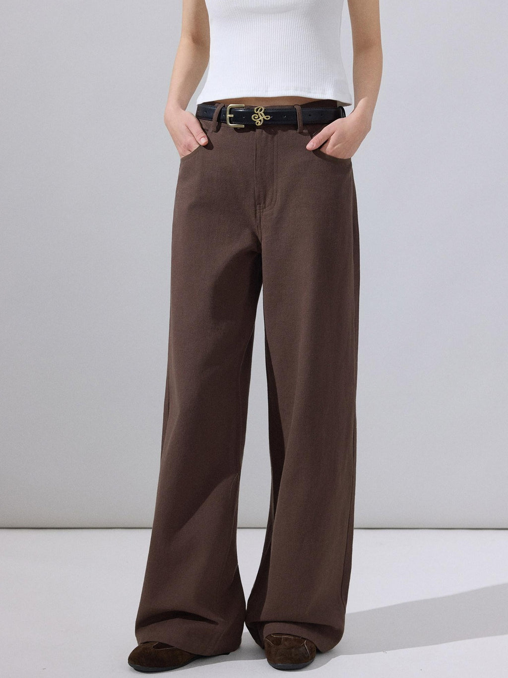 ikyou Stain Resistant Cotton Embroidered Natural Waist Brown Rigid Wide Leg Jeans