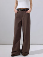 ikyou Stain Resistant Cotton Embroidered Natural Waist Brown Rigid Wide Leg Jeans