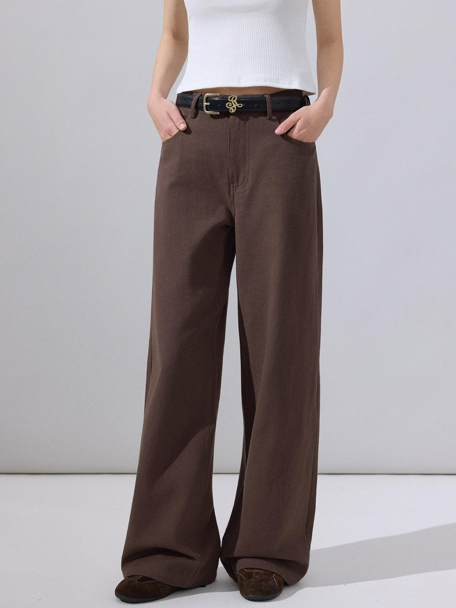 ikyou Stain Resistant Cotton Embroidered Natural Waist Brown Rigid Wide Leg Jeans