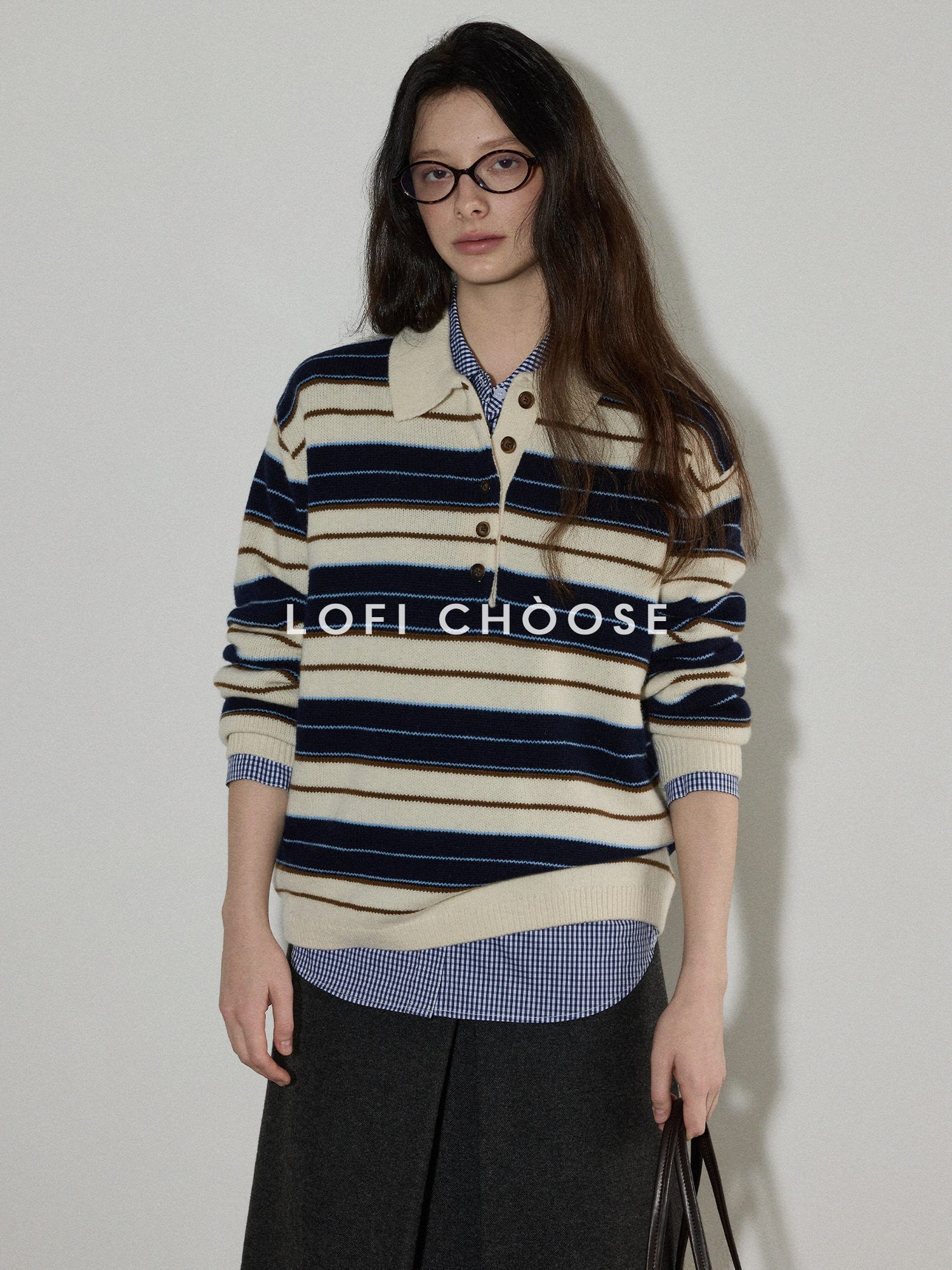 Lofi choose Contrast Polo Collar Striped Loose Office Knit Button Pullover Women Sweaters